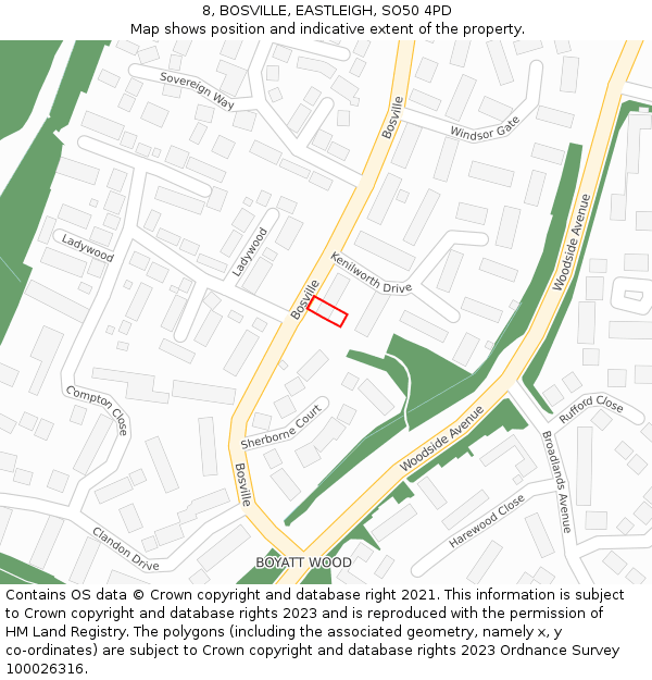 8, BOSVILLE, EASTLEIGH, SO50 4PD: Location map and indicative extent of plot