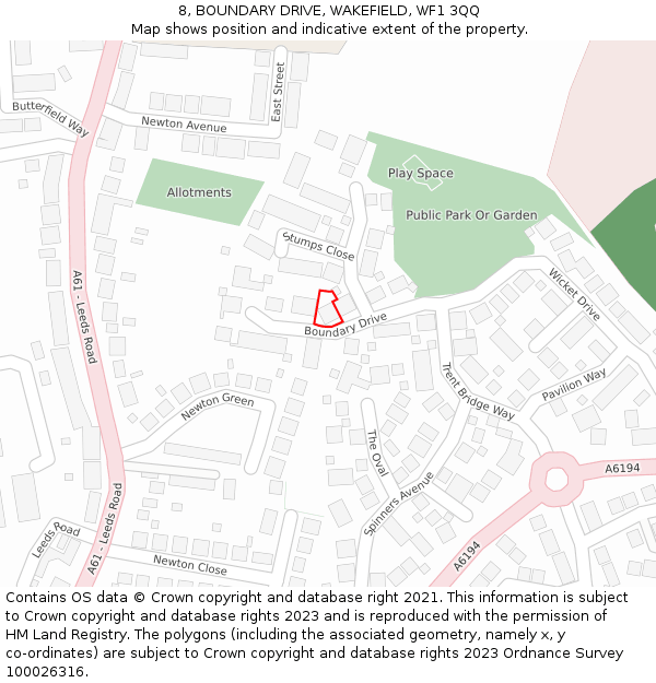 8, BOUNDARY DRIVE, WAKEFIELD, WF1 3QQ: Location map and indicative extent of plot