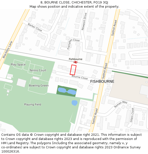 8, BOURNE CLOSE, CHICHESTER, PO19 3QJ: Location map and indicative extent of plot