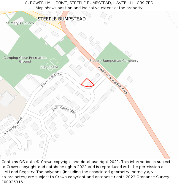 8, BOWER HALL DRIVE, STEEPLE BUMPSTEAD, HAVERHILL, CB9 7ED: Location map and indicative extent of plot
