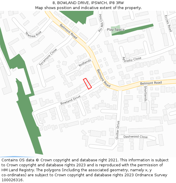 8, BOWLAND DRIVE, IPSWICH, IP8 3RW: Location map and indicative extent of plot