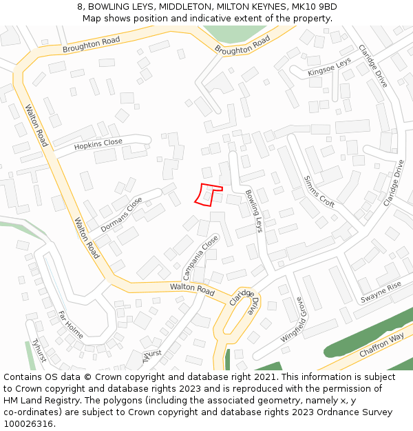 8, BOWLING LEYS, MIDDLETON, MILTON KEYNES, MK10 9BD: Location map and indicative extent of plot