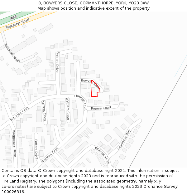 8, BOWYERS CLOSE, COPMANTHORPE, YORK, YO23 3XW: Location map and indicative extent of plot