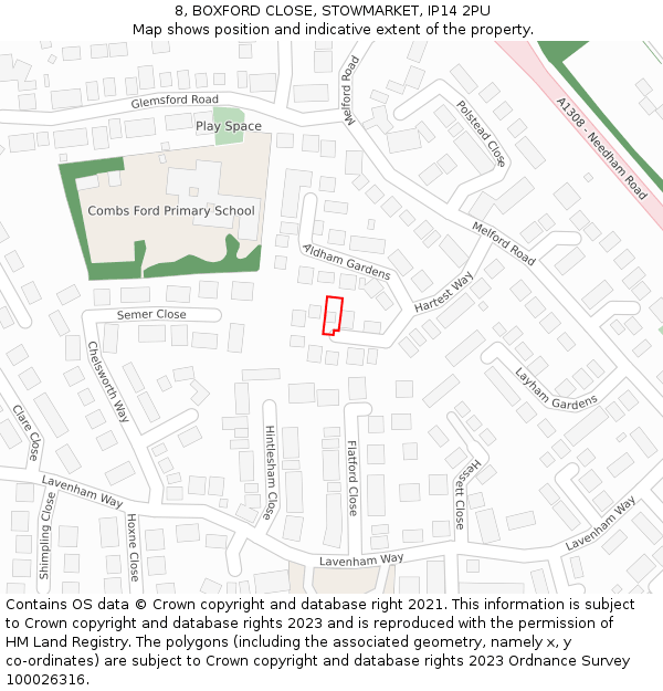 8, BOXFORD CLOSE, STOWMARKET, IP14 2PU: Location map and indicative extent of plot
