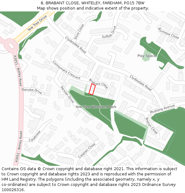 8, BRABANT CLOSE, WHITELEY, FAREHAM, PO15 7BW: Location map and indicative extent of plot