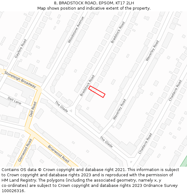 8, BRADSTOCK ROAD, EPSOM, KT17 2LH: Location map and indicative extent of plot