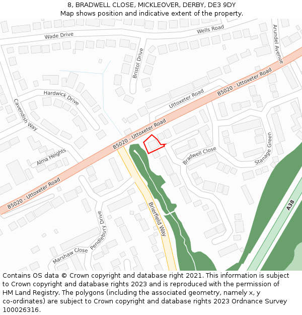 8, BRADWELL CLOSE, MICKLEOVER, DERBY, DE3 9DY: Location map and indicative extent of plot