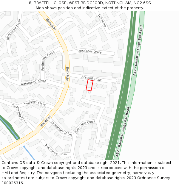 8, BRAEFELL CLOSE, WEST BRIDGFORD, NOTTINGHAM, NG2 6SS: Location map and indicative extent of plot