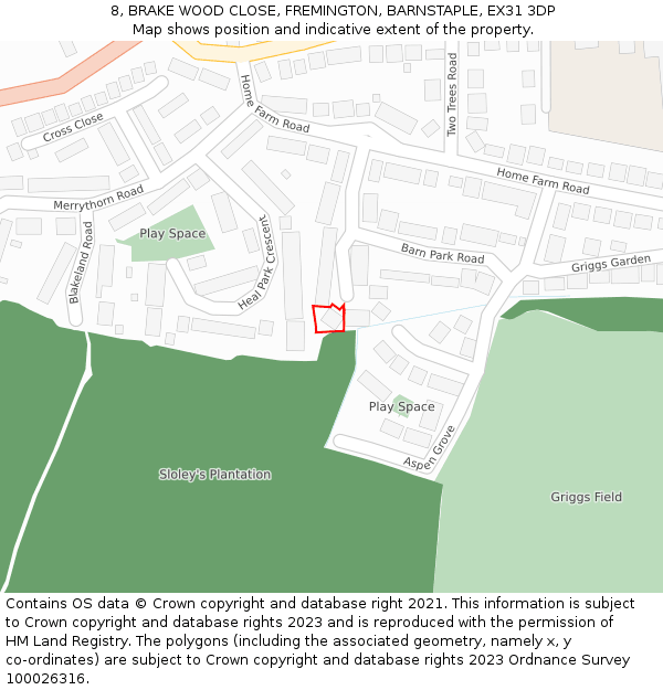 8, BRAKE WOOD CLOSE, FREMINGTON, BARNSTAPLE, EX31 3DP: Location map and indicative extent of plot