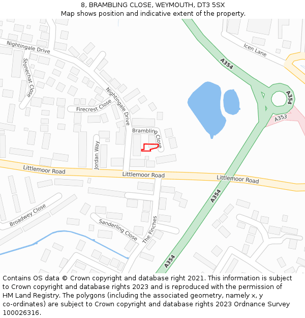 8, BRAMBLING CLOSE, WEYMOUTH, DT3 5SX: Location map and indicative extent of plot