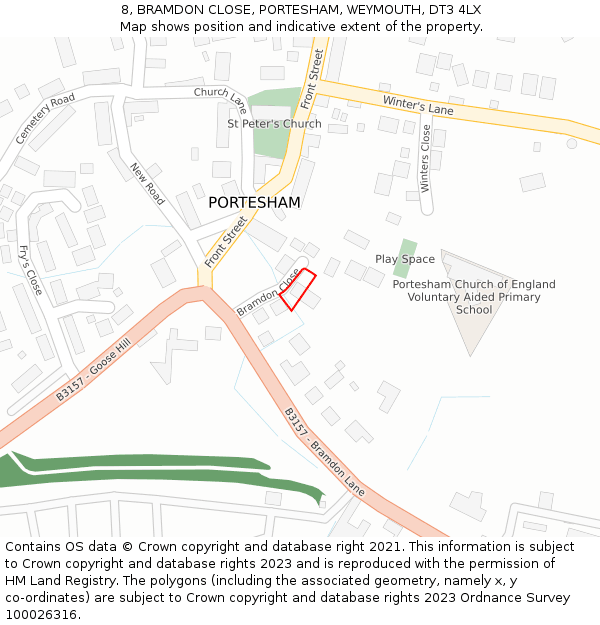 8, BRAMDON CLOSE, PORTESHAM, WEYMOUTH, DT3 4LX: Location map and indicative extent of plot