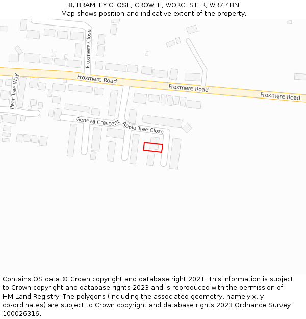 8, BRAMLEY CLOSE, CROWLE, WORCESTER, WR7 4BN: Location map and indicative extent of plot