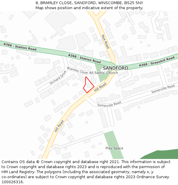 8, BRAMLEY CLOSE, SANDFORD, WINSCOMBE, BS25 5NY: Location map and indicative extent of plot