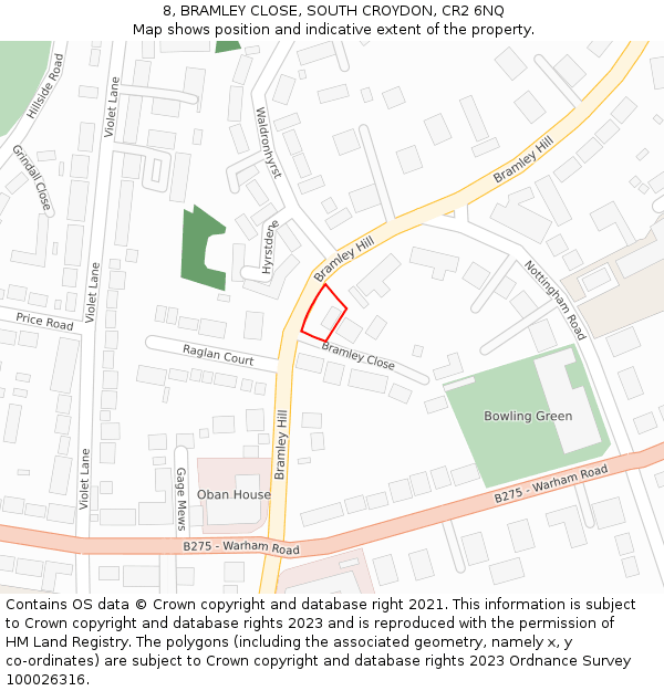 8, BRAMLEY CLOSE, SOUTH CROYDON, CR2 6NQ: Location map and indicative extent of plot