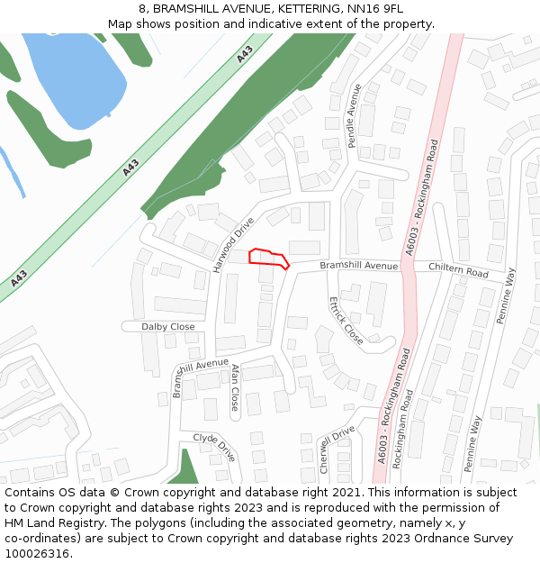 8, BRAMSHILL AVENUE, KETTERING, NN16 9FL: Location map and indicative extent of plot