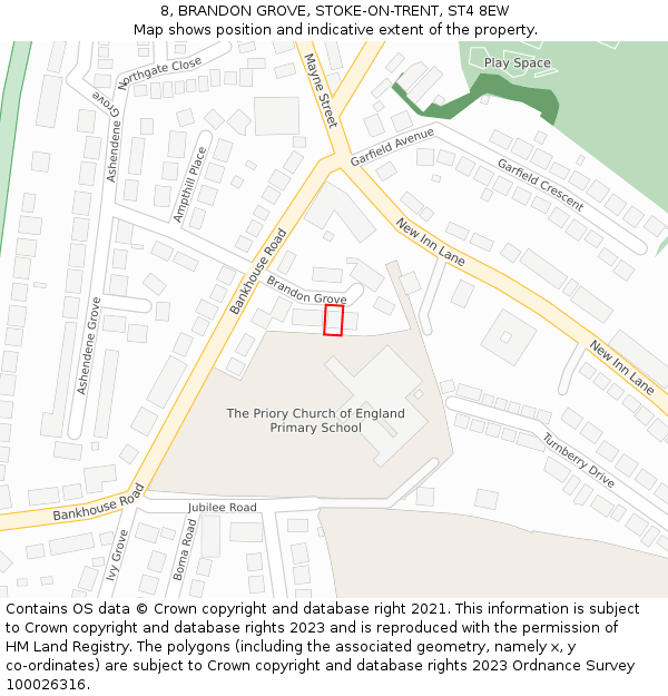 8, BRANDON GROVE, STOKE-ON-TRENT, ST4 8EW: Location map and indicative extent of plot