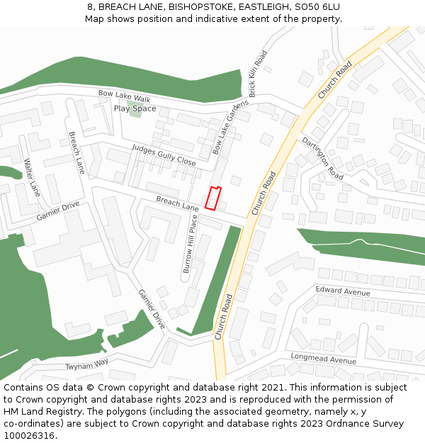 8, BREACH LANE, BISHOPSTOKE, EASTLEIGH, SO50 6LU: Location map and indicative extent of plot