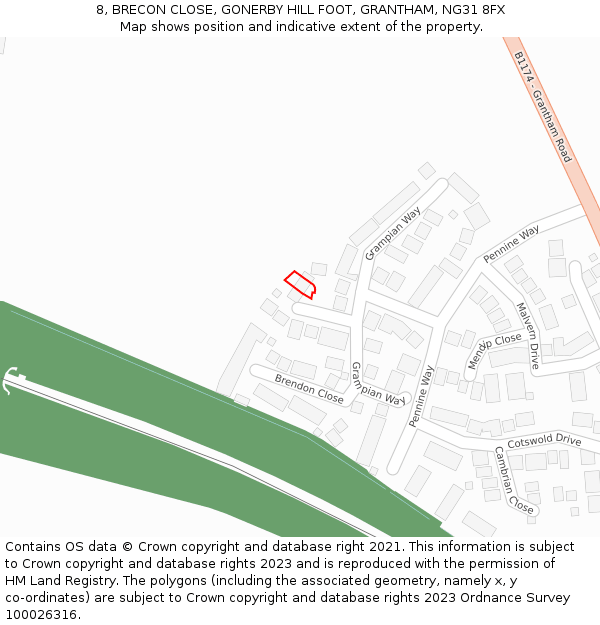 8, BRECON CLOSE, GONERBY HILL FOOT, GRANTHAM, NG31 8FX: Location map and indicative extent of plot