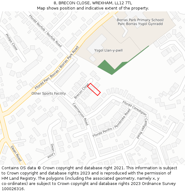 8, BRECON CLOSE, WREXHAM, LL12 7TL: Location map and indicative extent of plot