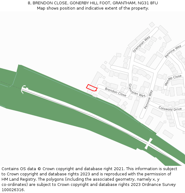 8, BRENDON CLOSE, GONERBY HILL FOOT, GRANTHAM, NG31 8FU: Location map and indicative extent of plot