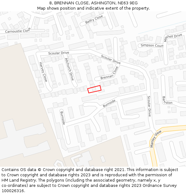 8, BRENNAN CLOSE, ASHINGTON, NE63 9EG: Location map and indicative extent of plot