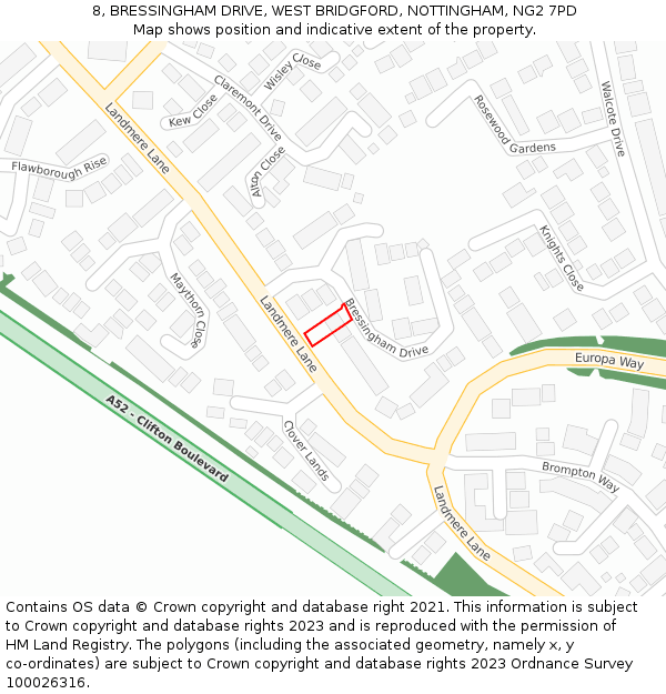 8, BRESSINGHAM DRIVE, WEST BRIDGFORD, NOTTINGHAM, NG2 7PD: Location map and indicative extent of plot