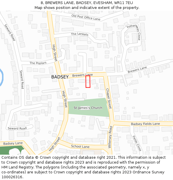 8, BREWERS LANE, BADSEY, EVESHAM, WR11 7EU: Location map and indicative extent of plot