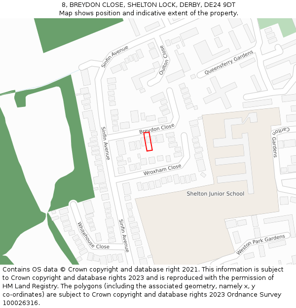 8, BREYDON CLOSE, SHELTON LOCK, DERBY, DE24 9DT: Location map and indicative extent of plot