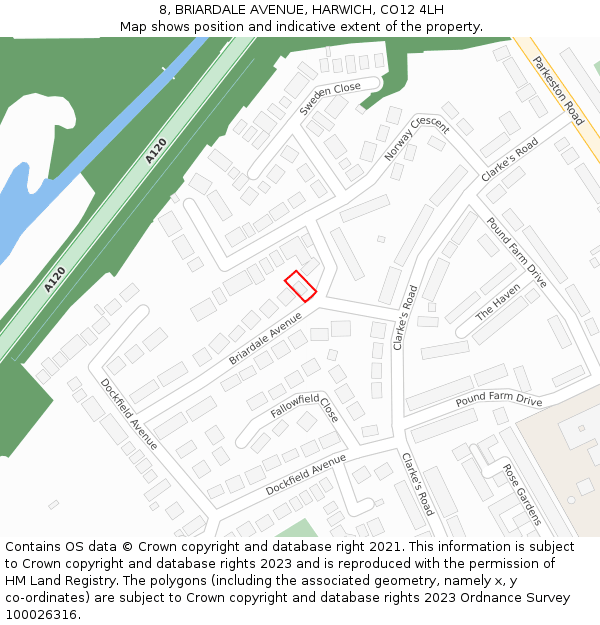 8, BRIARDALE AVENUE, HARWICH, CO12 4LH: Location map and indicative extent of plot