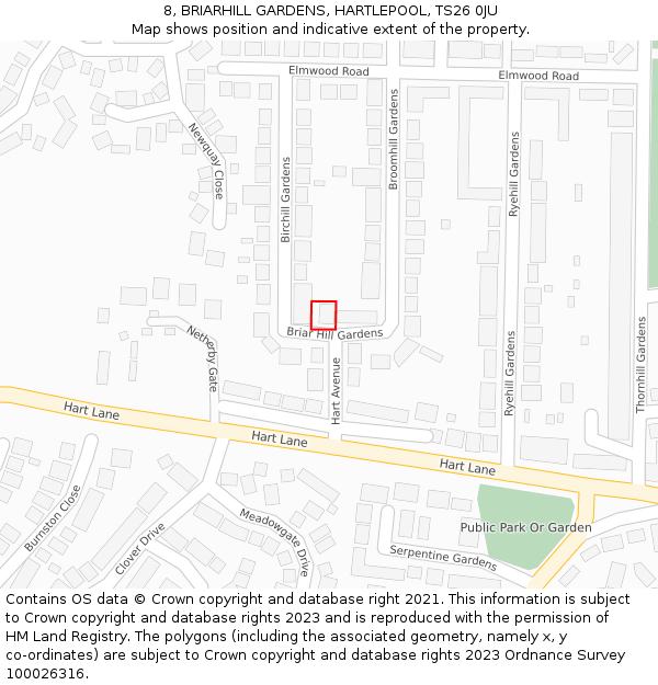 8, BRIARHILL GARDENS, HARTLEPOOL, TS26 0JU: Location map and indicative extent of plot