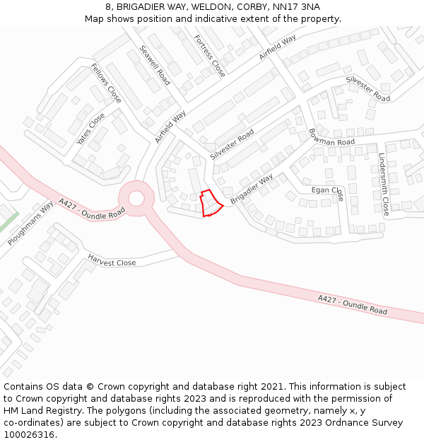8, BRIGADIER WAY, WELDON, CORBY, NN17 3NA: Location map and indicative extent of plot