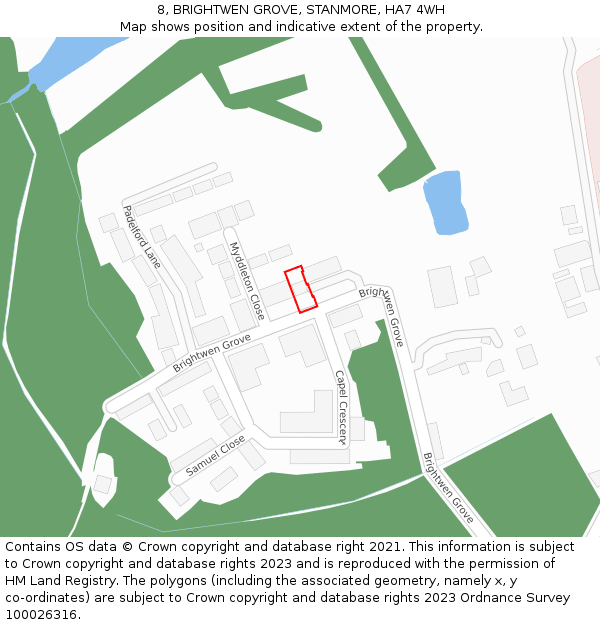 8, BRIGHTWEN GROVE, STANMORE, HA7 4WH: Location map and indicative extent of plot