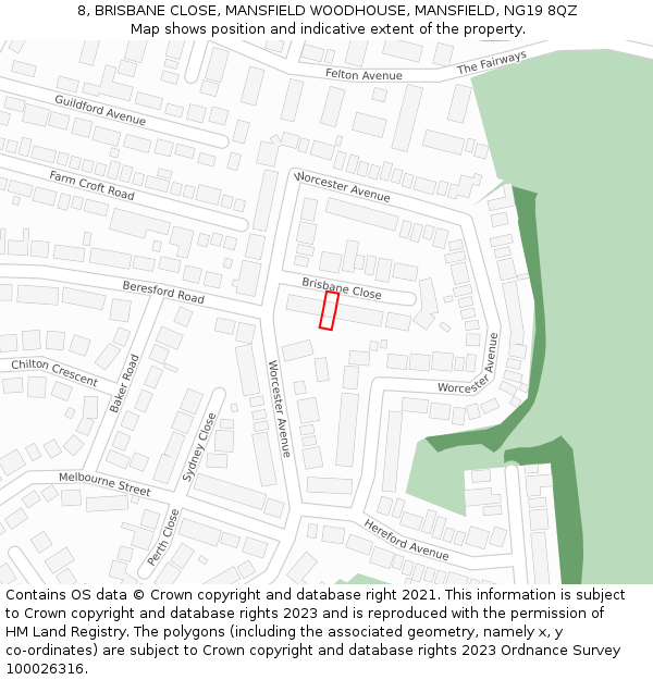 8, BRISBANE CLOSE, MANSFIELD WOODHOUSE, MANSFIELD, NG19 8QZ: Location map and indicative extent of plot