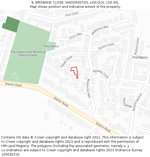 8, BRISBANE CLOSE, WADDINGTON, LINCOLN, LN5 9XL: Location map and indicative extent of plot