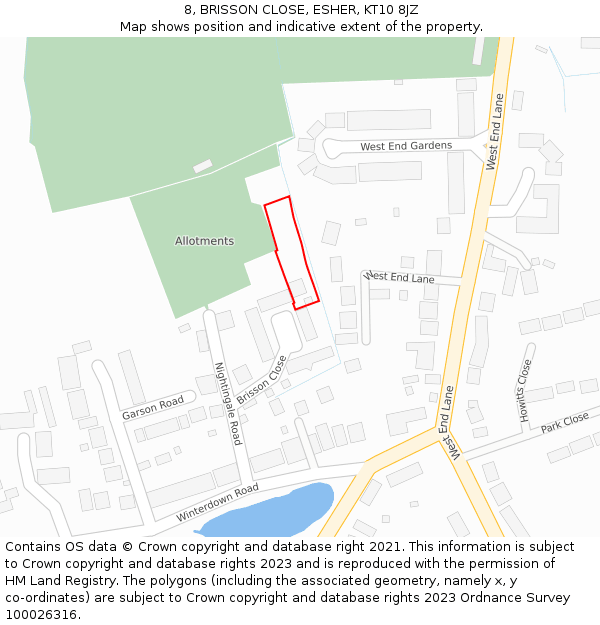 8, BRISSON CLOSE, ESHER, KT10 8JZ: Location map and indicative extent of plot