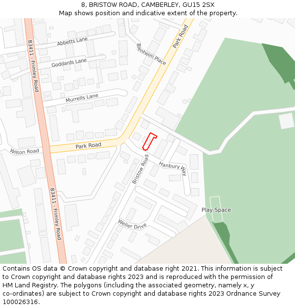 8, BRISTOW ROAD, CAMBERLEY, GU15 2SX: Location map and indicative extent of plot