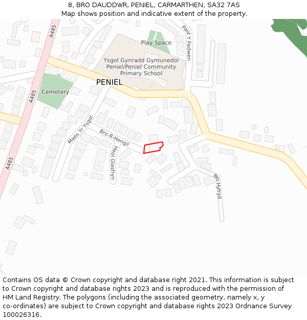8, BRO DAUDDWR, PENIEL, CARMARTHEN, SA32 7AS: Location map and indicative extent of plot