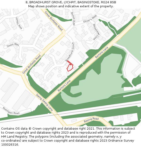 8, BROADHURST GROVE, LYCHPIT, BASINGSTOKE, RG24 8SB: Location map and indicative extent of plot