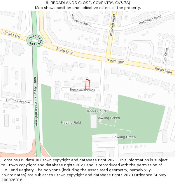 8, BROADLANDS CLOSE, COVENTRY, CV5 7AJ: Location map and indicative extent of plot