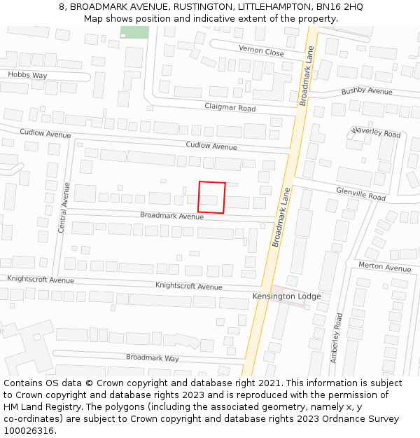8, BROADMARK AVENUE, RUSTINGTON, LITTLEHAMPTON, BN16 2HQ: Location map and indicative extent of plot