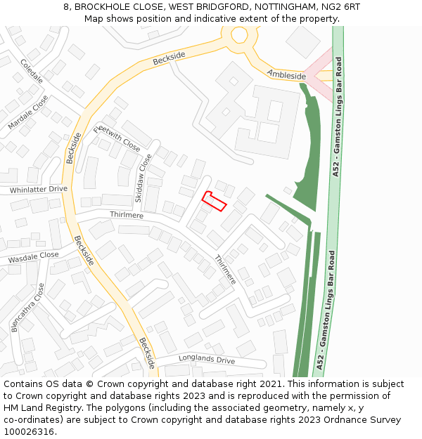 8, BROCKHOLE CLOSE, WEST BRIDGFORD, NOTTINGHAM, NG2 6RT: Location map and indicative extent of plot