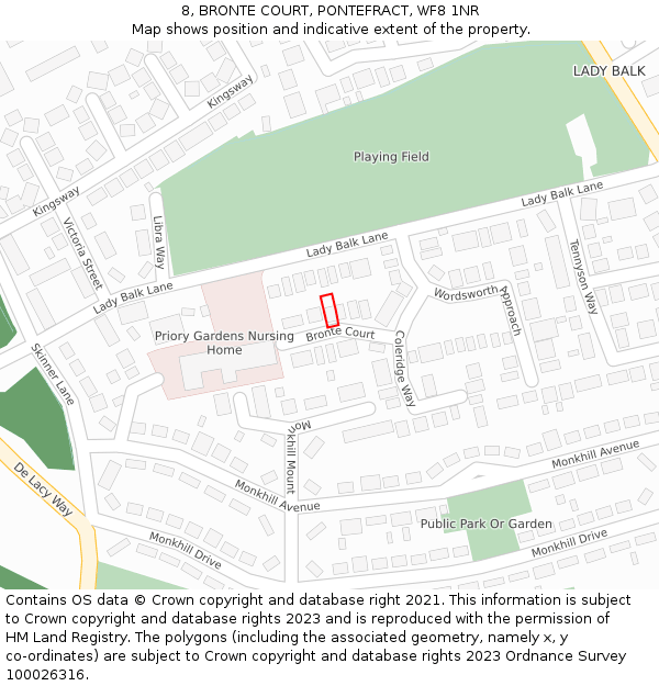 8, BRONTE COURT, PONTEFRACT, WF8 1NR: Location map and indicative extent of plot