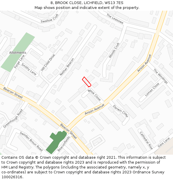 8, BROOK CLOSE, LICHFIELD, WS13 7ES: Location map and indicative extent of plot