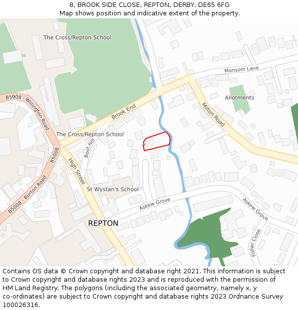 8, BROOK SIDE CLOSE, REPTON, DERBY, DE65 6FG: Location map and indicative extent of plot