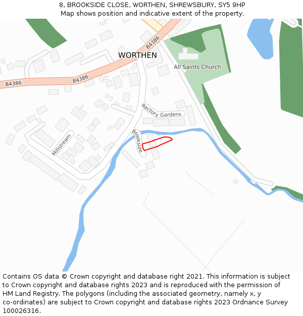 8, BROOKSIDE CLOSE, WORTHEN, SHREWSBURY, SY5 9HP: Location map and indicative extent of plot