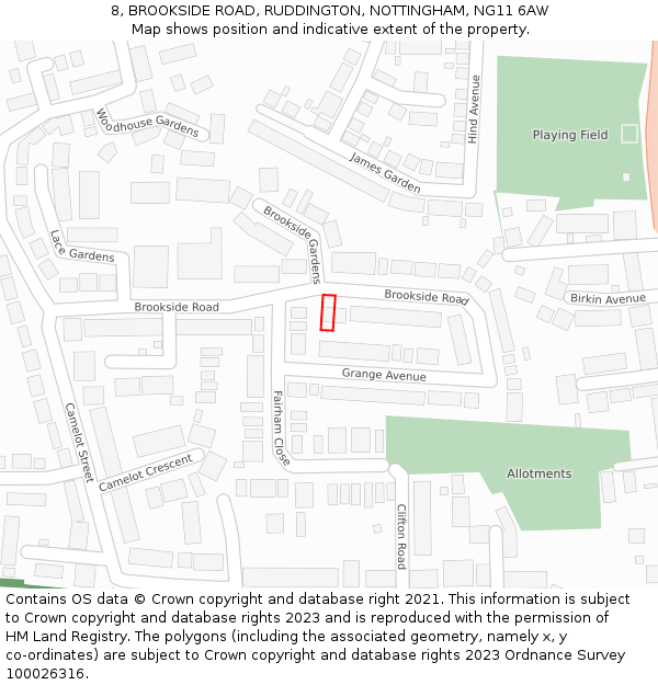 8, BROOKSIDE ROAD, RUDDINGTON, NOTTINGHAM, NG11 6AW: Location map and indicative extent of plot