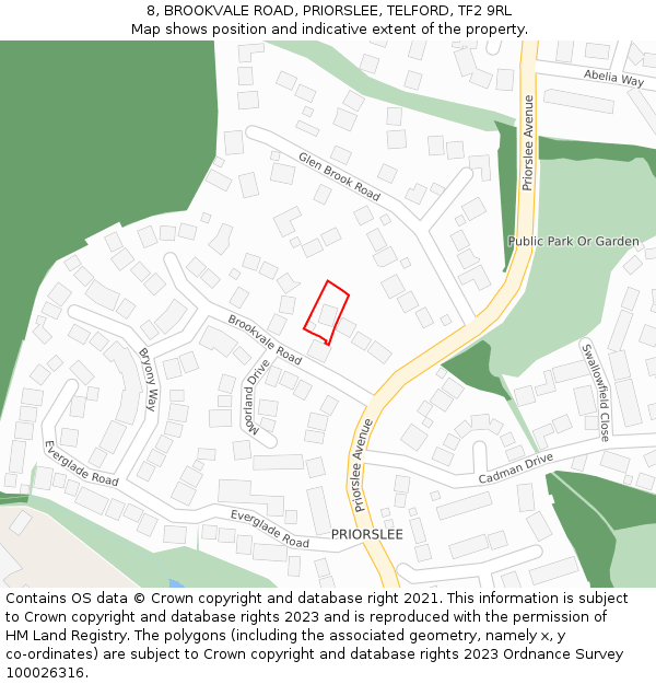 8, BROOKVALE ROAD, PRIORSLEE, TELFORD, TF2 9RL: Location map and indicative extent of plot