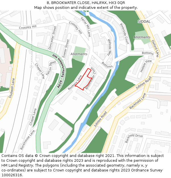 8, BROOKWATER CLOSE, HALIFAX, HX3 0QR: Location map and indicative extent of plot