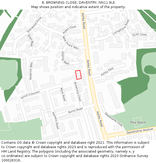 8, BROWNING CLOSE, DAVENTRY, NN11 9LE: Location map and indicative extent of plot