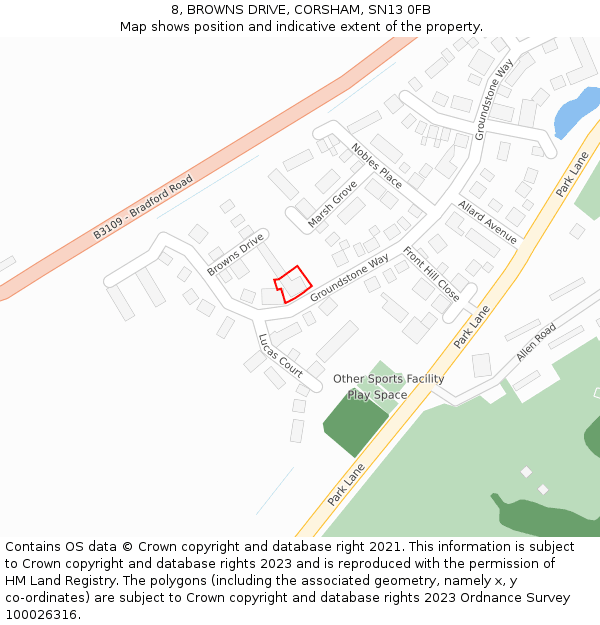 8, BROWNS DRIVE, CORSHAM, SN13 0FB: Location map and indicative extent of plot